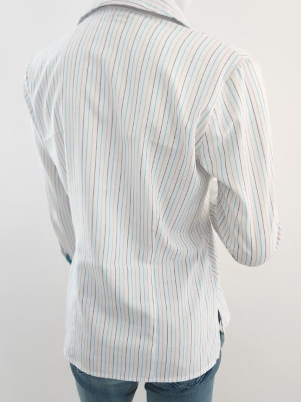 Executive Uniforms Striped Button Down Blouse Shirt XS Teal Blue Tan White - Picture 6 of 16